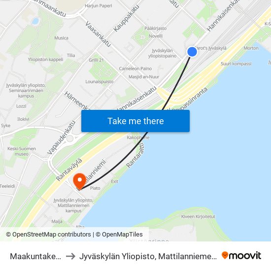 Maakuntakeskus to Jyväskylän Yliopisto, Mattilanniemen Kampus map