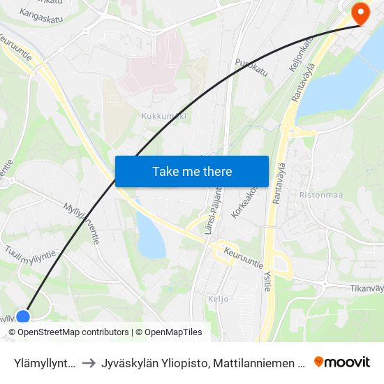 Ylämyllyntie 1 to Jyväskylän Yliopisto, Mattilanniemen Kampus map
