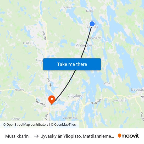 Mustikkarinne 2 to Jyväskylän Yliopisto, Mattilanniemen Kampus map