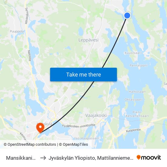 Mansikkaniemi E to Jyväskylän Yliopisto, Mattilanniemen Kampus map