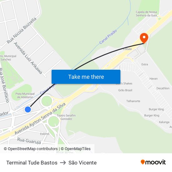 Terminal Tude Bastos to São Vicente map