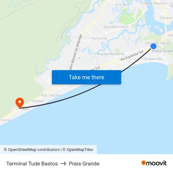 Terminal Tude Bastos to Praia Grande map