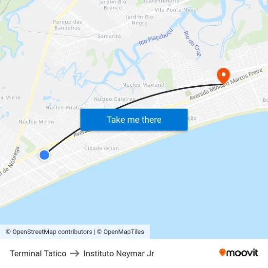 Terminal Tatico to Instituto Neymar Jr map