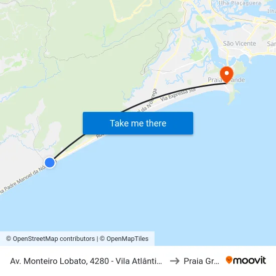 Av. Monteiro Lobato, 4280 - Vila Atlântica, Mongaguá to Praia Grande map