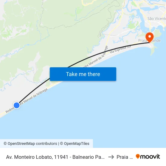 Av. Monteiro Lobato, 11941 - Balneario Patrimonio Das Américas, Mongaguá to Praia Grande map