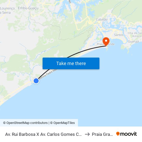 Av. Rui Barbosa X Av. Carlos Gomes Camargo to Praia Grande map