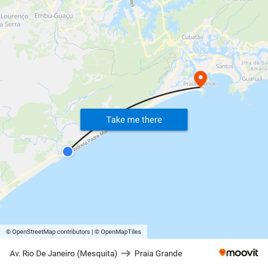Av. Rio De Janeiro (Mesquita) to Praia Grande map