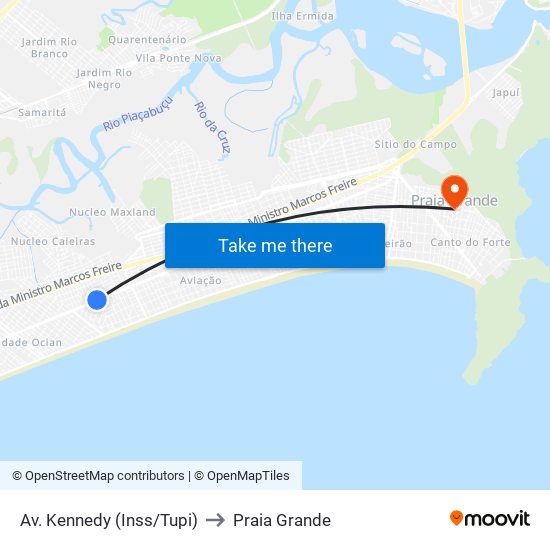 Av. Kennedy (Inss/Tupi) to Praia Grande map