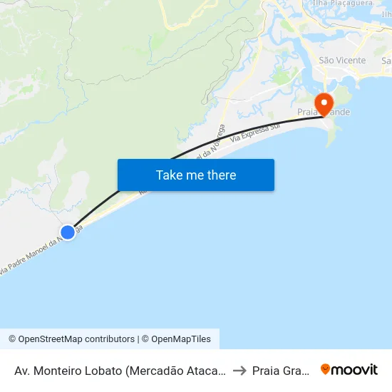 Av. Monteiro Lobato (Mercadão Atacadista) to Praia Grande map
