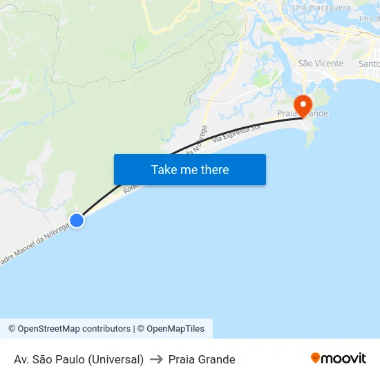 Av. São Paulo (Universal) to Praia Grande map