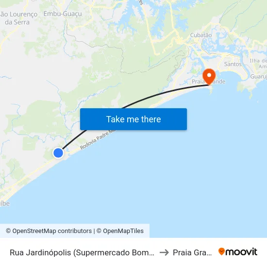 Rua Jardinópolis (Supermercado Bom Preço) to Praia Grande map