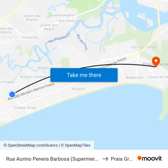 Rua Aurino Pereira Barbosa (Supermercado Cuca) to Praia Grande map