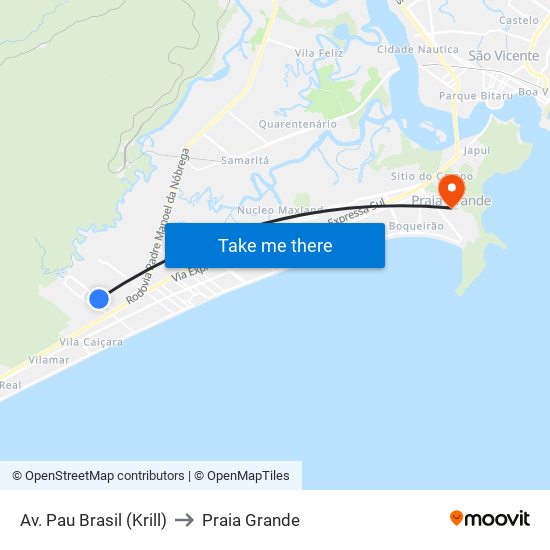 Av. Pau Brasil (Krill) to Praia Grande map