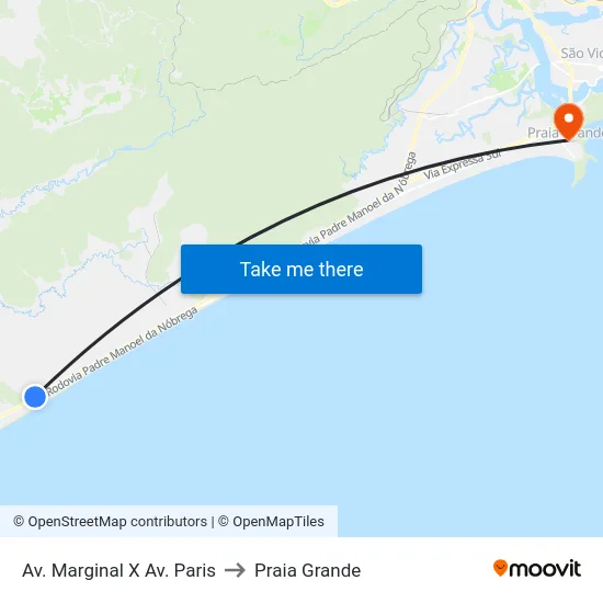 Av. Marginal X Av. Paris to Praia Grande map