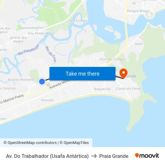 Av. Do Trabalhador (Usafa Antártica) to Praia Grande map