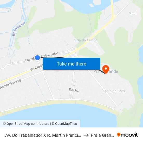 Av. Do Trabalhador X R. Martin Francisco to Praia Grande map