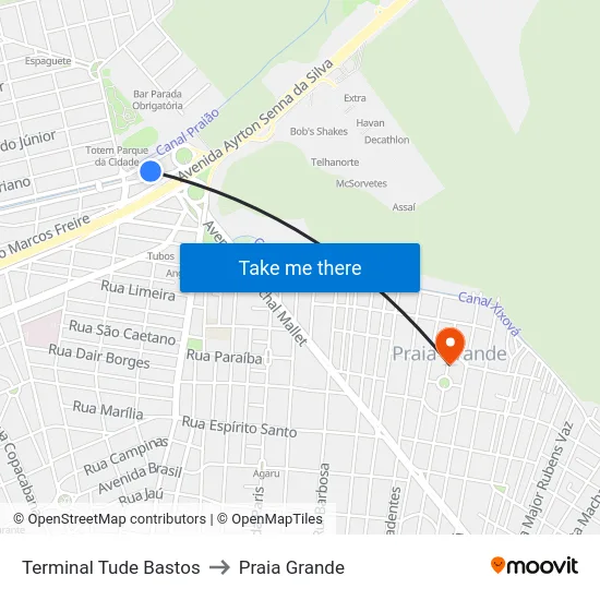 Terminal Tude Bastos to Praia Grande map