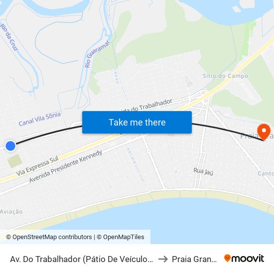 Av. Do Trabalhador (Pátio De Veículos) to Praia Grande map