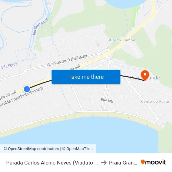 Parada Carlos Alcino Neves (Viaduto 17) to Praia Grande map