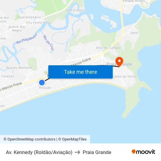 Av. Kennedy (Roldão/Aviação) to Praia Grande map