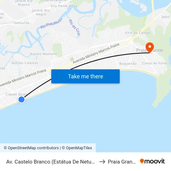 Av. Castelo Branco (Estátua De Netuno) to Praia Grande map