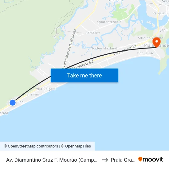 Av. Diamantino Cruz F. Mourão (Campo Do Real) to Praia Grande map