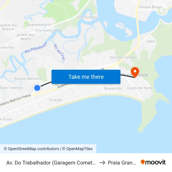 Av. Do Trabalhador (Garagem Cometa) to Praia Grande map