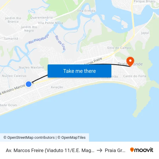 Av. Marcos Freire (Viaduto 11/E.E. Magali Alonso) to Praia Grande map