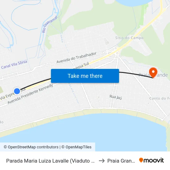 Parada Maria Luiza Lavalle (Viaduto 16) to Praia Grande map