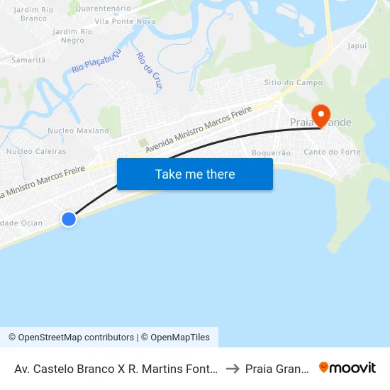 Av. Castelo Branco X R. Martins Fontes to Praia Grande map
