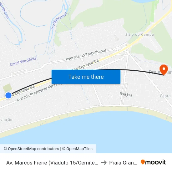 Av. Marcos Freire (Viaduto 15/Cemitério) to Praia Grande map
