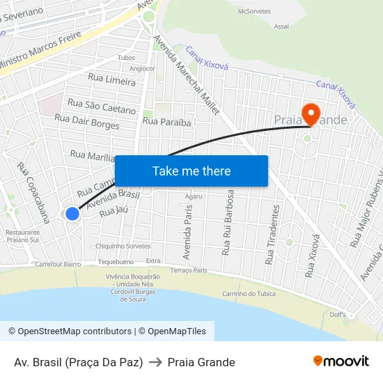 Av. Brasil (Praça Da Paz) to Praia Grande map