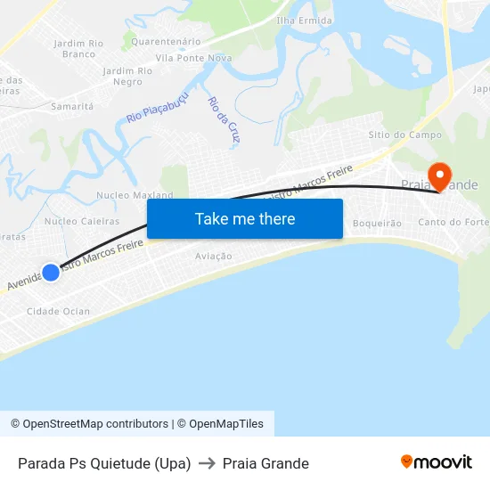 Parada Ps Quietude (Upa) to Praia Grande map