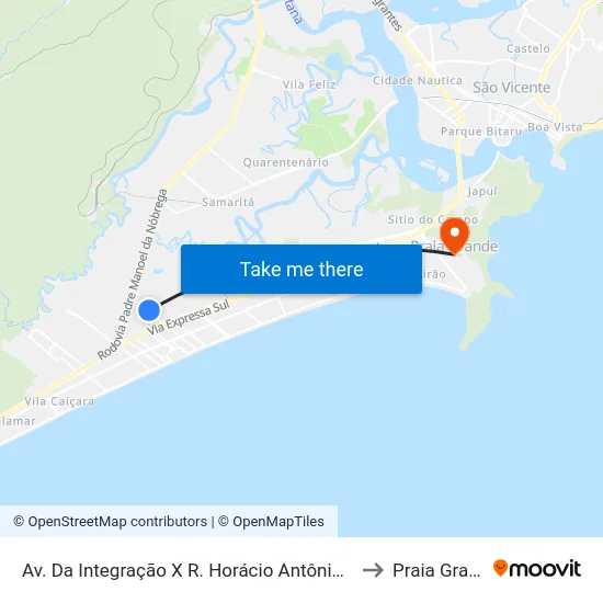 Av. Da Integração X R. Horácio Antônio Amaral to Praia Grande map
