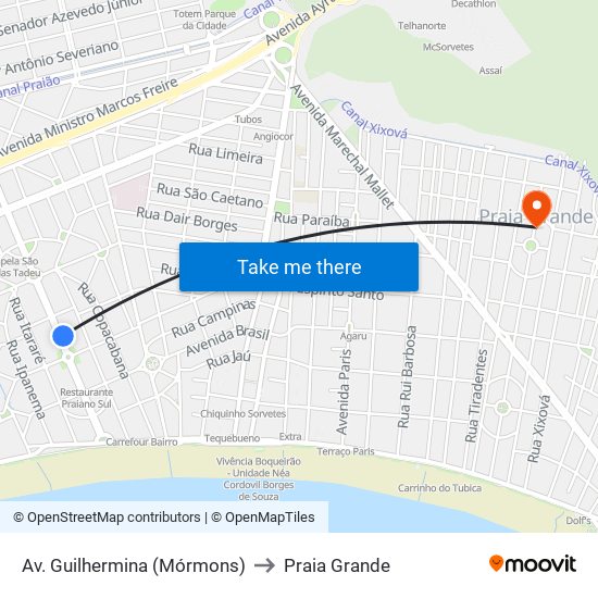 Av. Guilhermina (Mórmons) to Praia Grande map