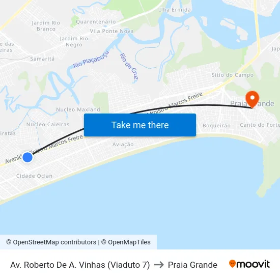 Av. Roberto De A. Vinhas (Viaduto 7) to Praia Grande map