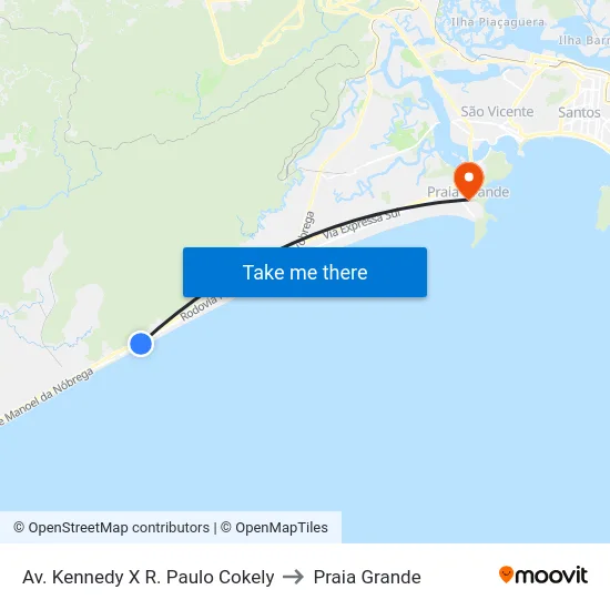 Av. Kennedy X R. Paulo Cokely to Praia Grande map