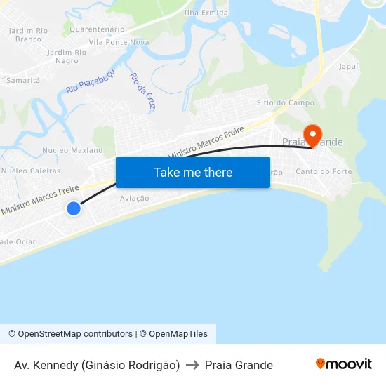 Av. Kennedy (Ginásio Rodrigão) to Praia Grande map