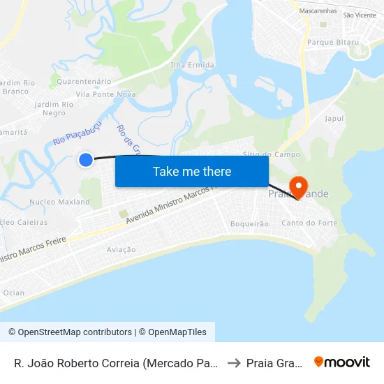 R. João Roberto Correia (Mercado Paraíso) to Praia Grande map