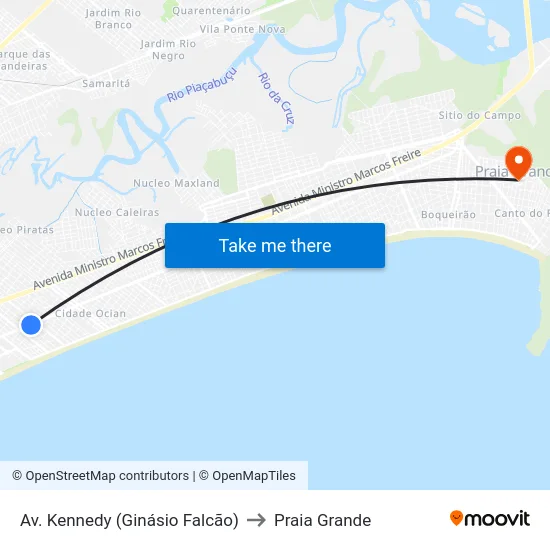 Av. Kennedy (Ginásio Falcão) to Praia Grande map