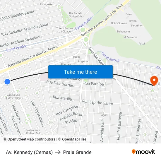 Av. Kennedy (Cemas) to Praia Grande map