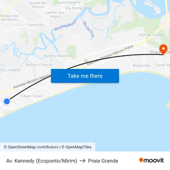 Av. Kennedy (Ecoponto/Mirim) to Praia Grande map