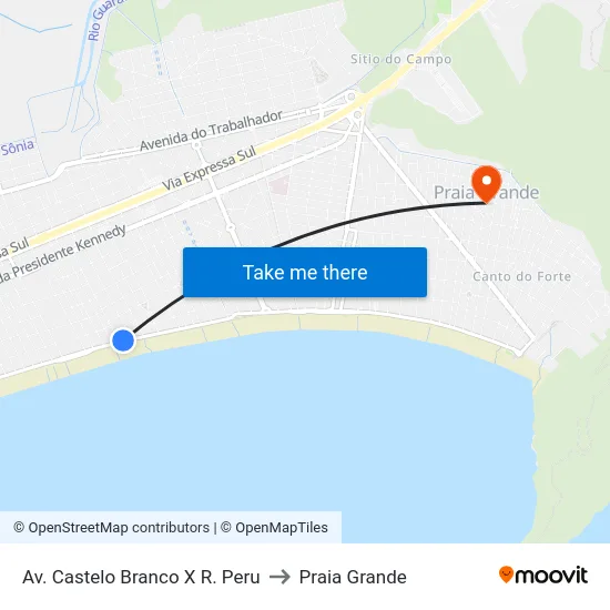 Av. Castelo Branco X R. Peru to Praia Grande map