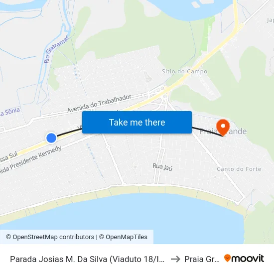 Parada Josias M. Da Silva (Viaduto 18/Instituto Neymar) to Praia Grande map