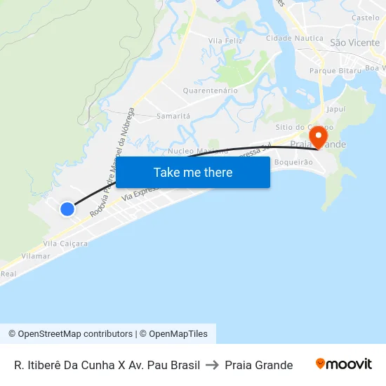 R. Itiberê Da Cunha X Av. Pau Brasil to Praia Grande map