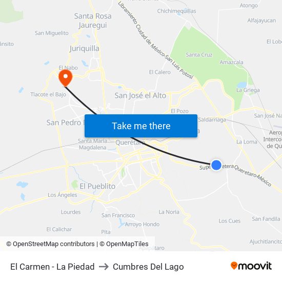 El Carmen - La Piedad to Cumbres Del Lago map