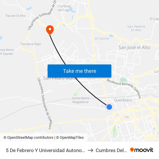 5 De Febrero Y Universidad Autonoma De Qro. to Cumbres Del Lago map