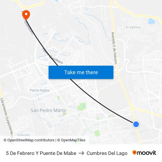 5 De Febrero Y Puente De Mabe to Cumbres Del Lago map