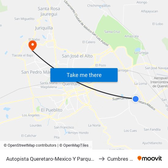 Autopista Queretaro-Mexico Y Parque Industrial El Marques to Cumbres Del Lago map