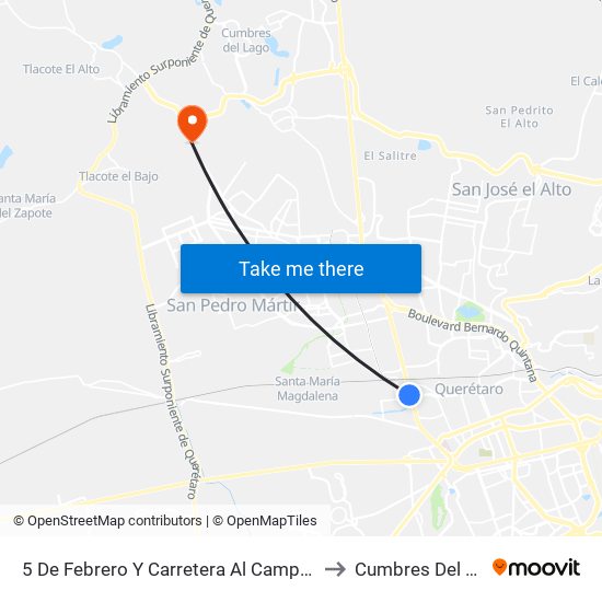 5 De Febrero Y Carretera Al Campo Militar to Cumbres Del Lago map